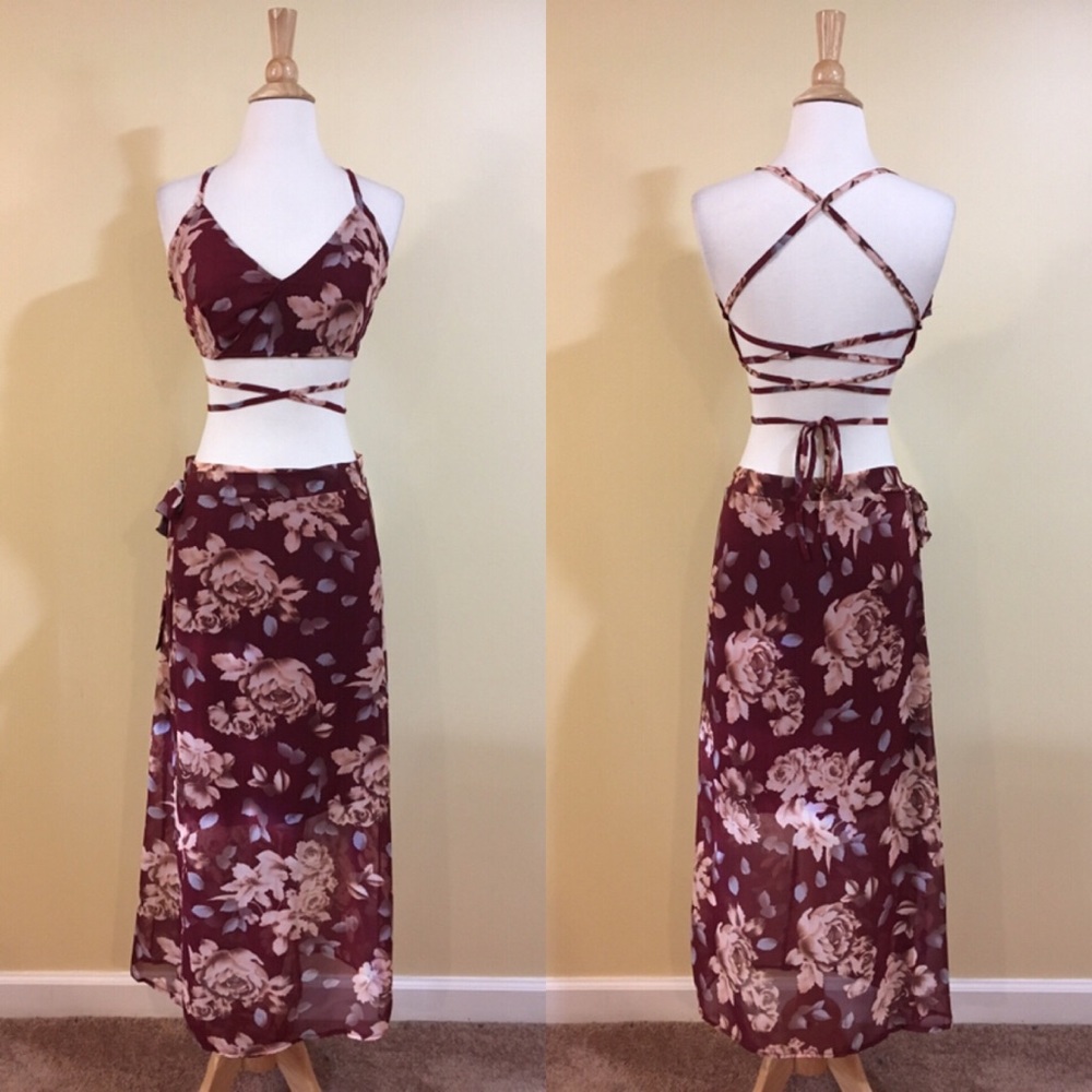 Strappy Backless Halter Top Wrap Skirt Set Floral - Picture 2 of 4